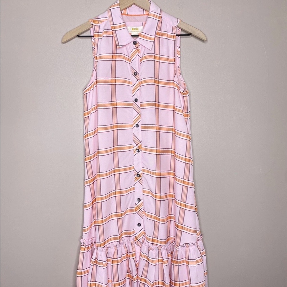 Maeve for Anthropologie Womens Size XS Flounced Pink Plaid Ruffle Hem Mini Dress